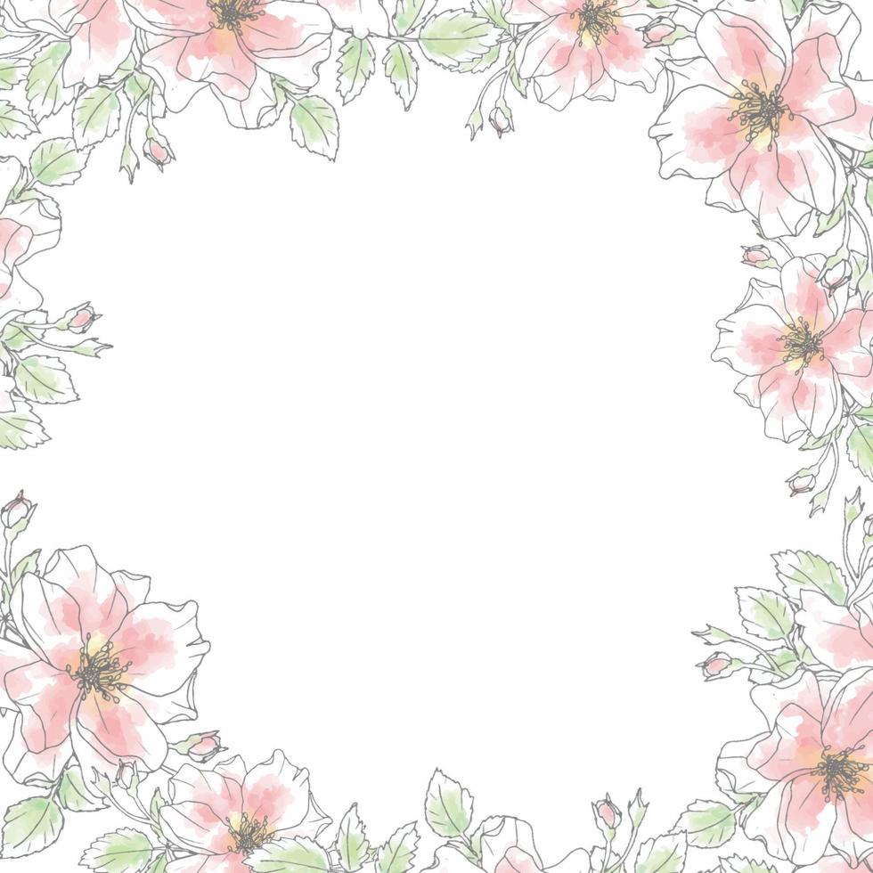 doodle línea arte rosa flor ramo corona marco cuadrado fondo vector