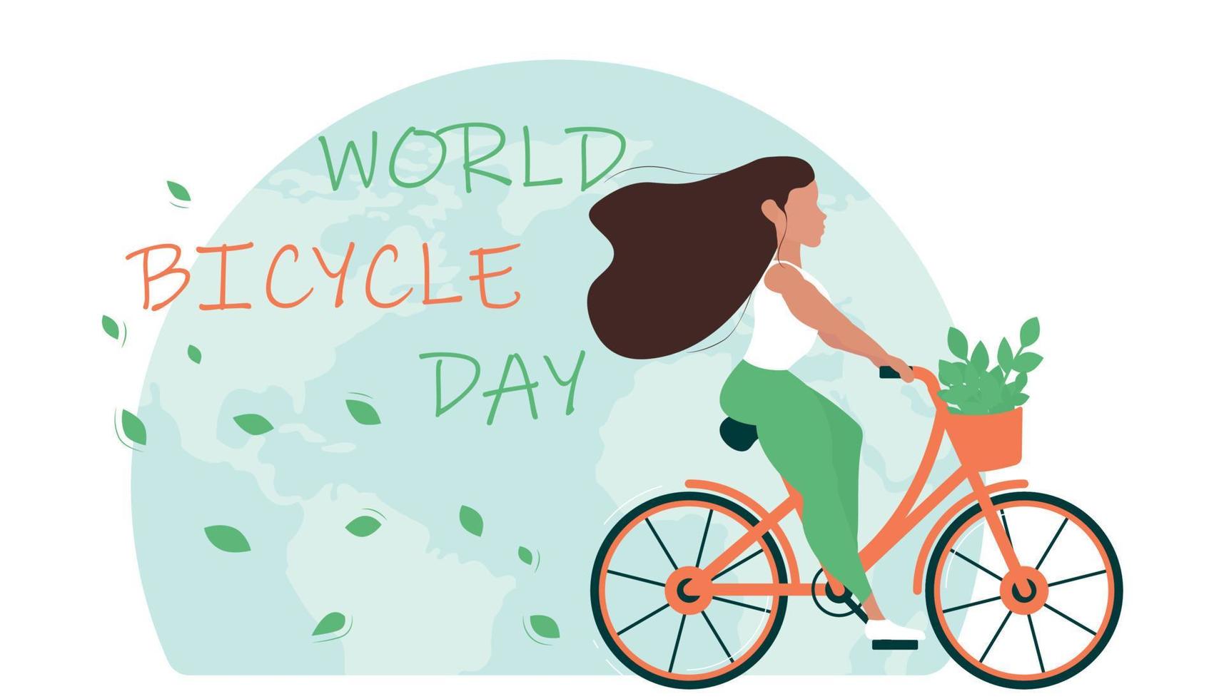 World Bicycle Day concept. The girl rides a bicycle on the background of the globe. vector
