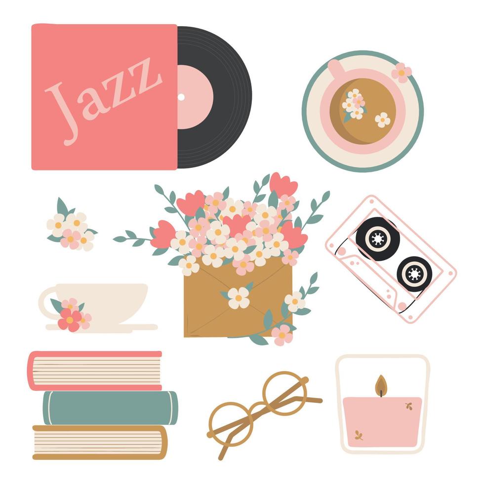 primavera o verano con colección de elementos de temporada. disco de vinilo, una taza de té, café, un sobre con flores, un casete de audio, libros, vasos, una vela. vector