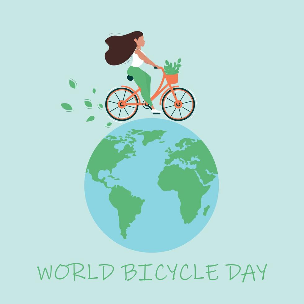 World Bicycle Day concept. The girl rides a bicycle on the globe. vector
