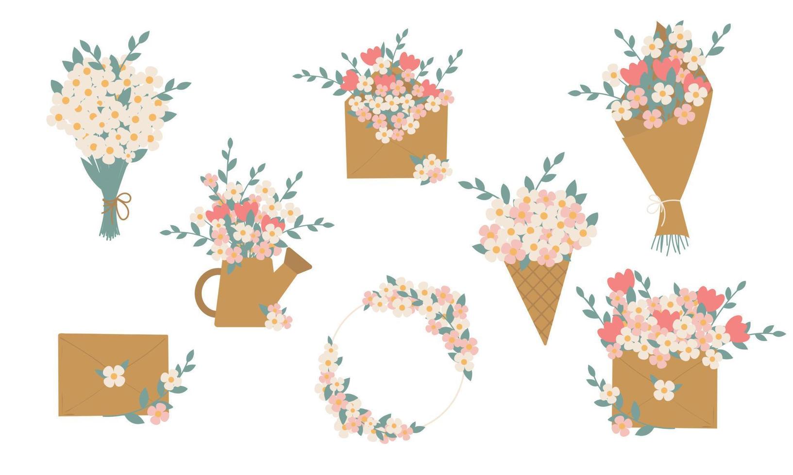 Set of gift bouquets, spring holiday waffle cone Bouquet,  watering can with flowers, Bunch of daisy, Wild garden blooming flowers, envelope, wedding wreath, plants stems and leaves cute cards posters vector