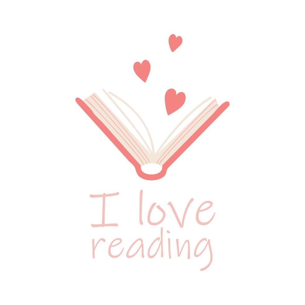 I enjoy reading. Heart signs and doodle open book style elements. Flat vector illustration isolated on white background. Literature fan, book reading concept for postcard.