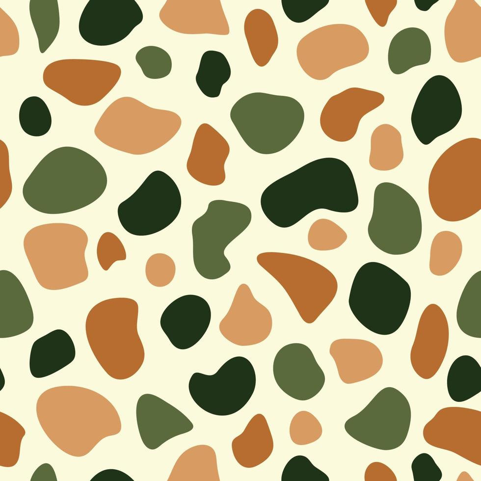 Abstract geometric irregular vector patterns with spots. Cute beige, brown, pale green brush blots on light. Simple hand-drawn doodle.