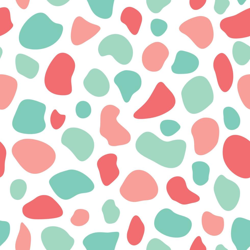 Abstract geometric irregular vector patterns with spots. Cute mint, coral, pink, green brush blots on light. Simple hand-drawn doodle.