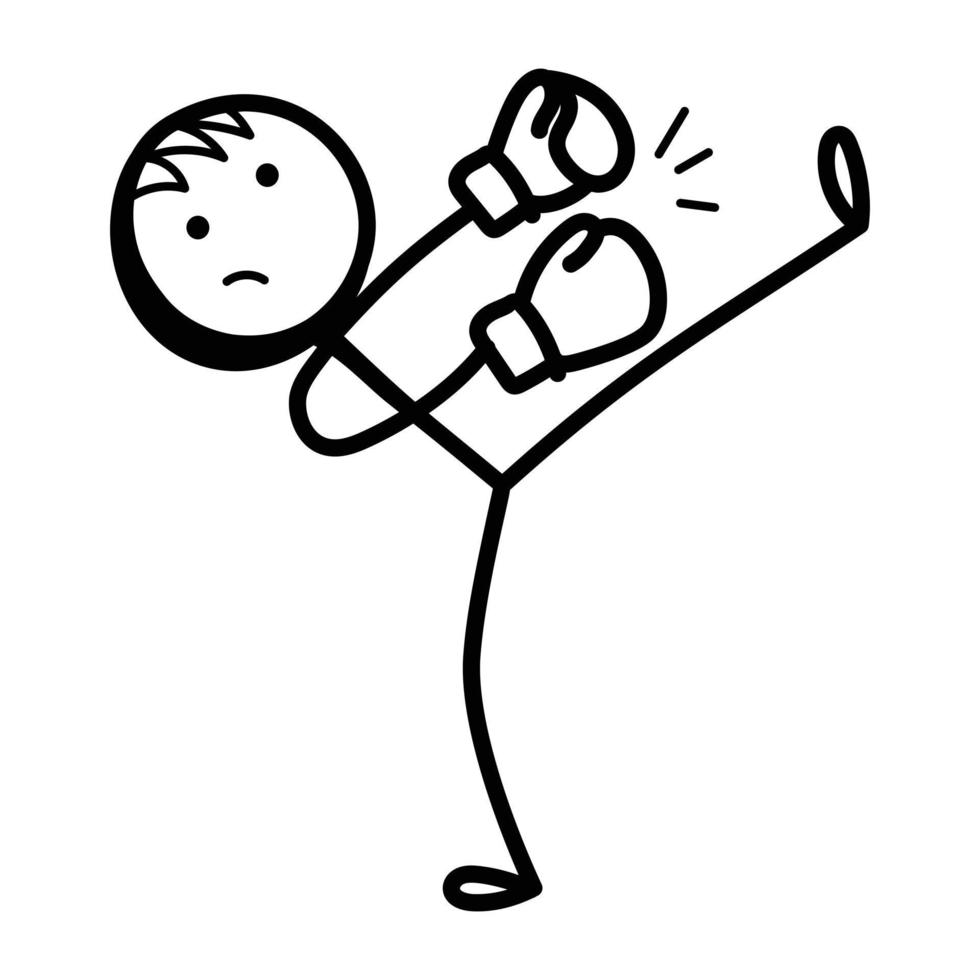 Stick figure with boxing gloves, hand drawn icon of punching vector