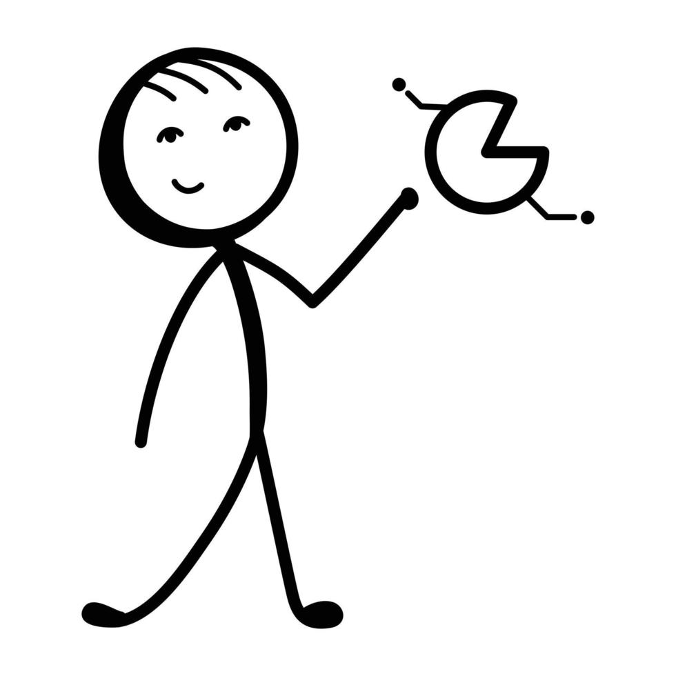 figura de palo con gráfico circular icono dibujado a mano del gerente de finanzas vector