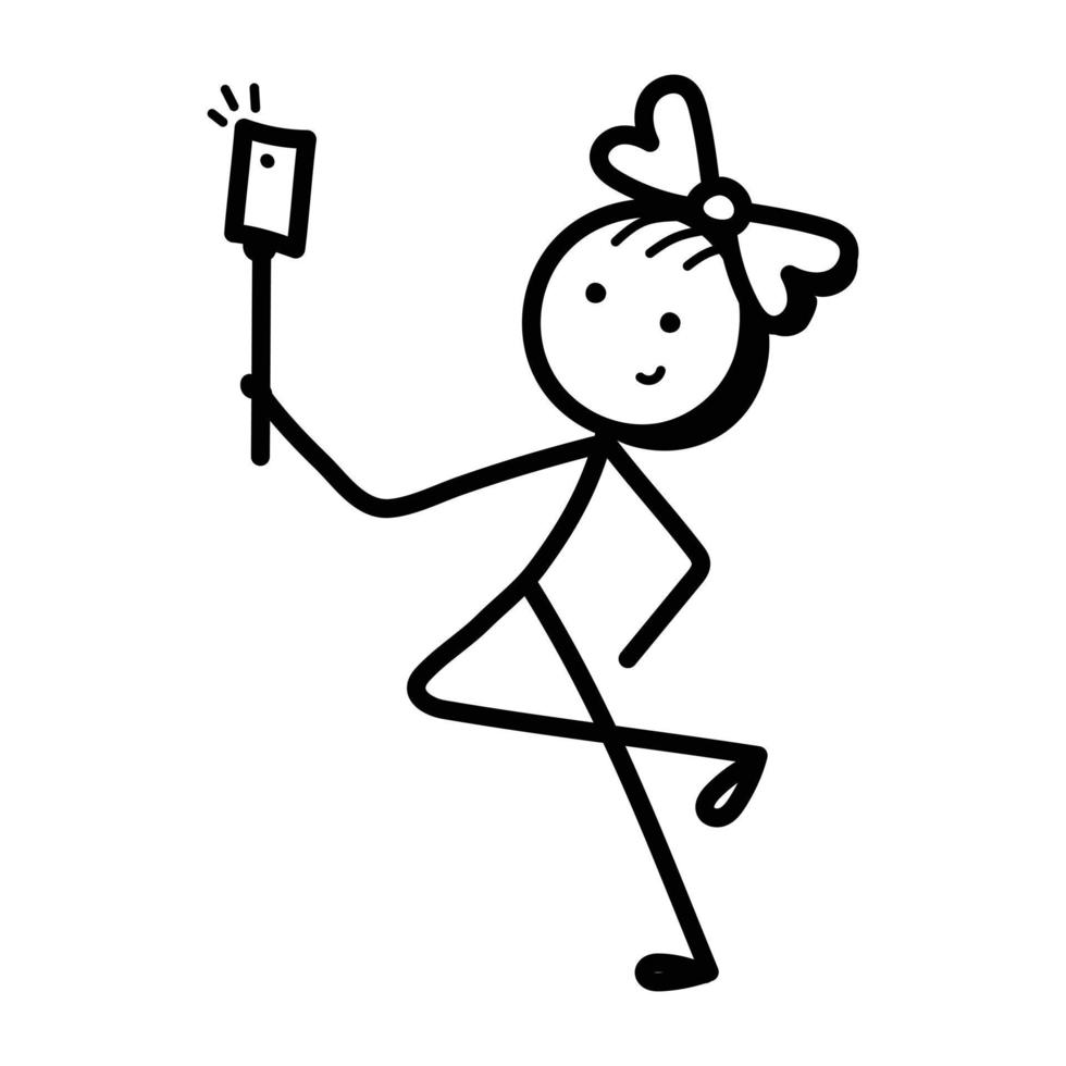 Stick figure Taking selfie hand drawn icon vector