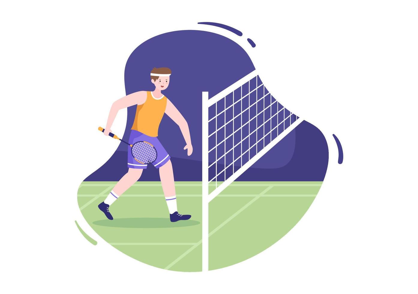 jugador de bádminton con lanzadera en la cancha en ilustración de dibujos animados de estilo plano. juego deportivo feliz y diseño de ocio vector