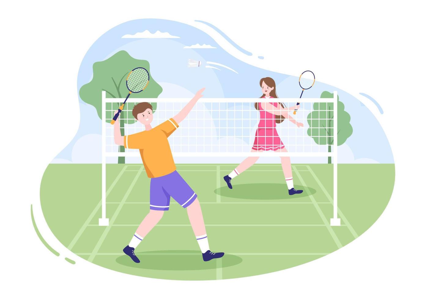 jugador de bádminton con lanzadera en la cancha en ilustración de dibujos animados de estilo plano. juego deportivo feliz y diseño de ocio vector