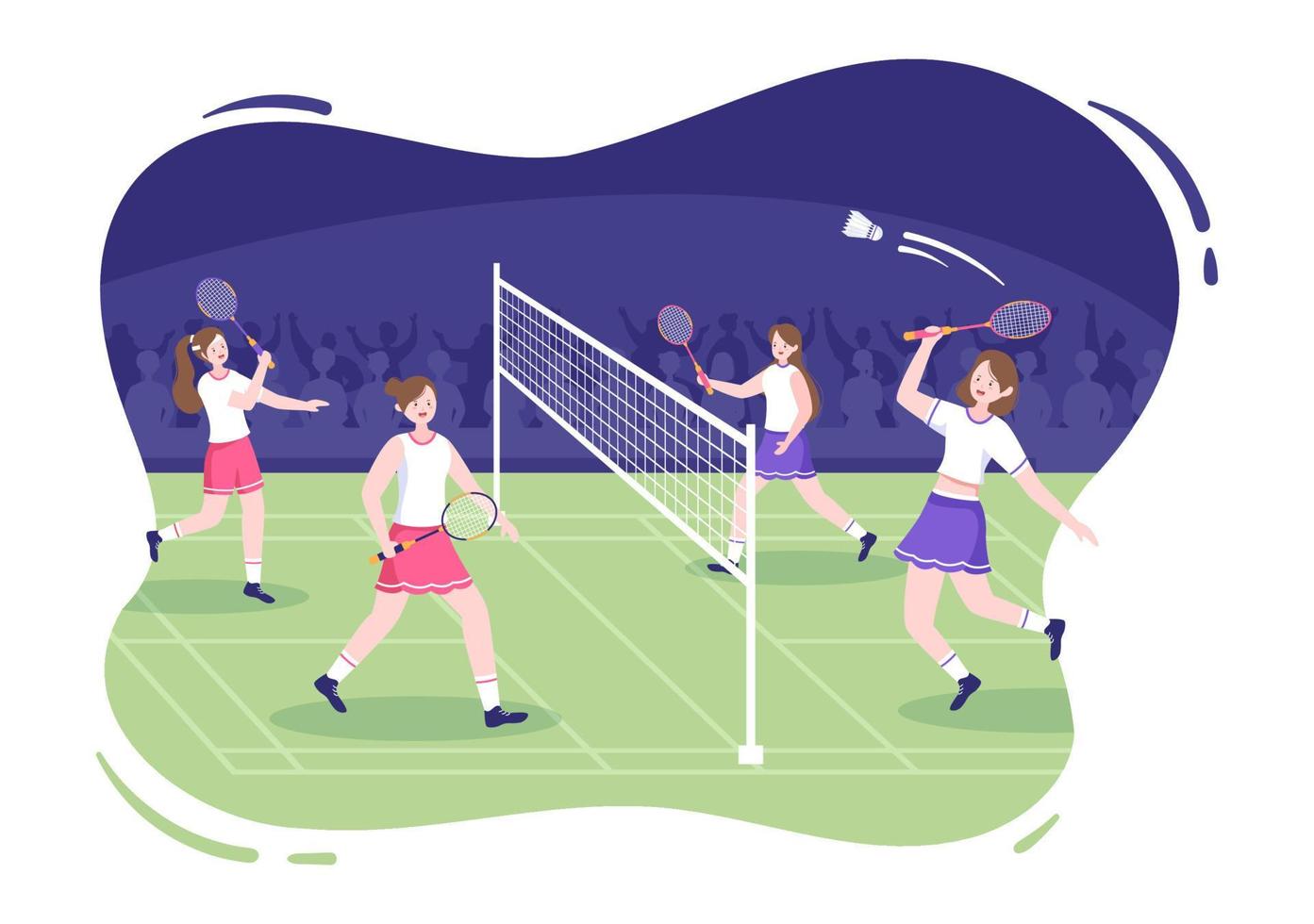 jugador de bádminton con lanzadera en la cancha en ilustración de dibujos animados de estilo plano. juego deportivo feliz y diseño de ocio vector