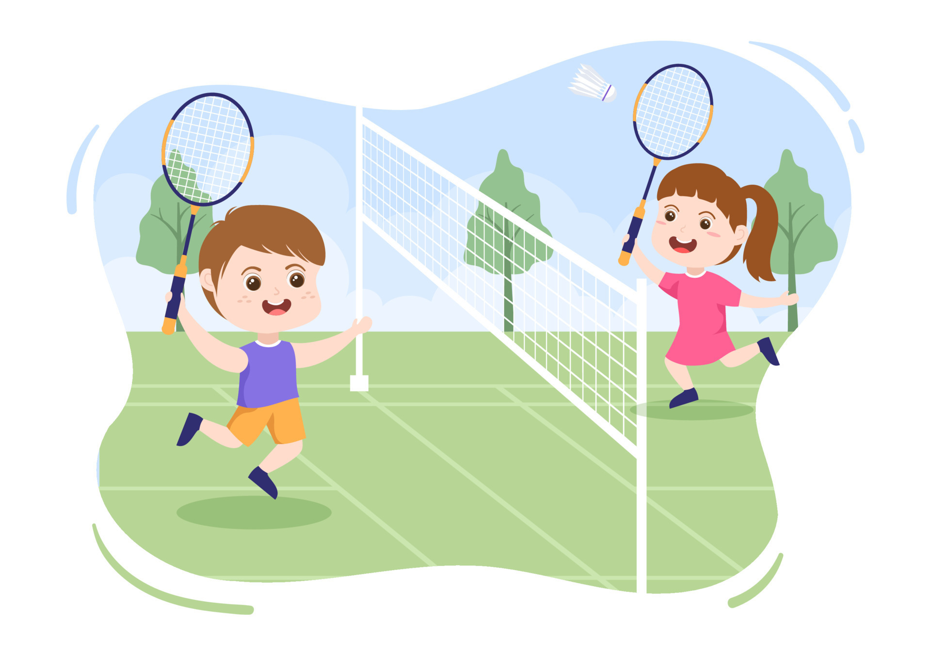 Badminton Player with Shuttle on Court in Cartoon Illustration. Happy Playing Sport Game and Design 7569867 Vector Art at Vecteezy