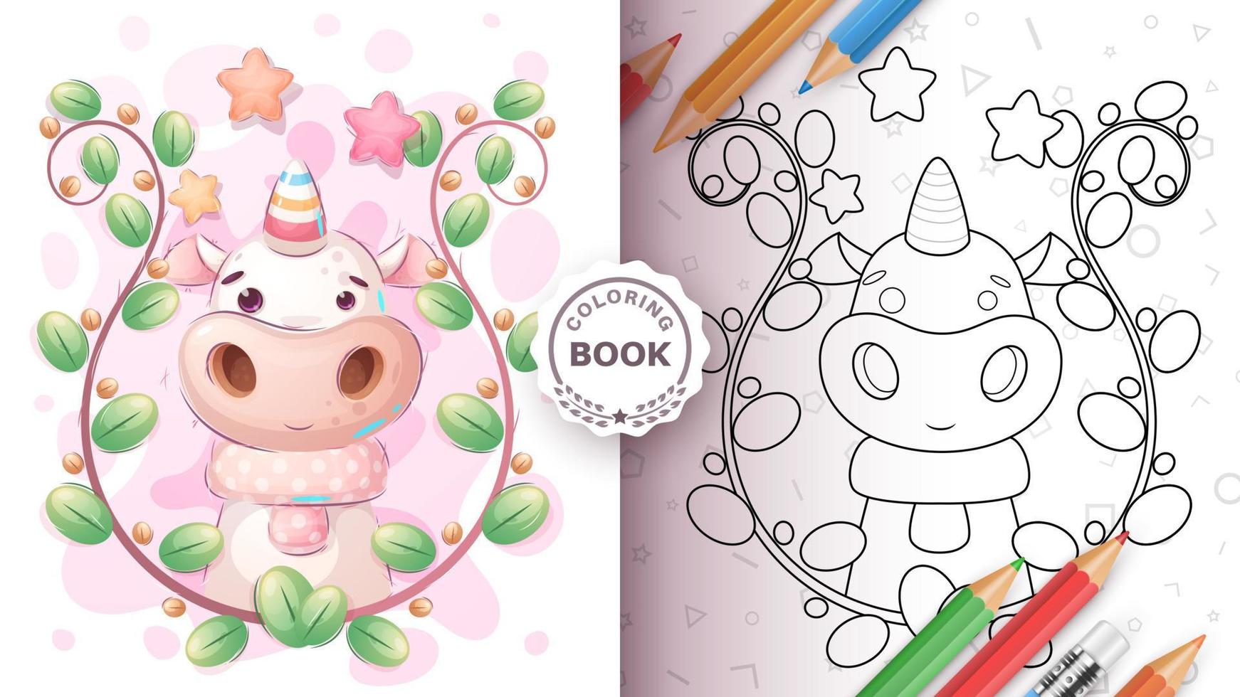 Cartoon character cute animal unicorn coloring book vector