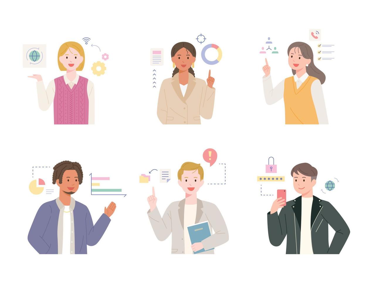 People are pointing at the graph and talking. flat design style vector illustration.