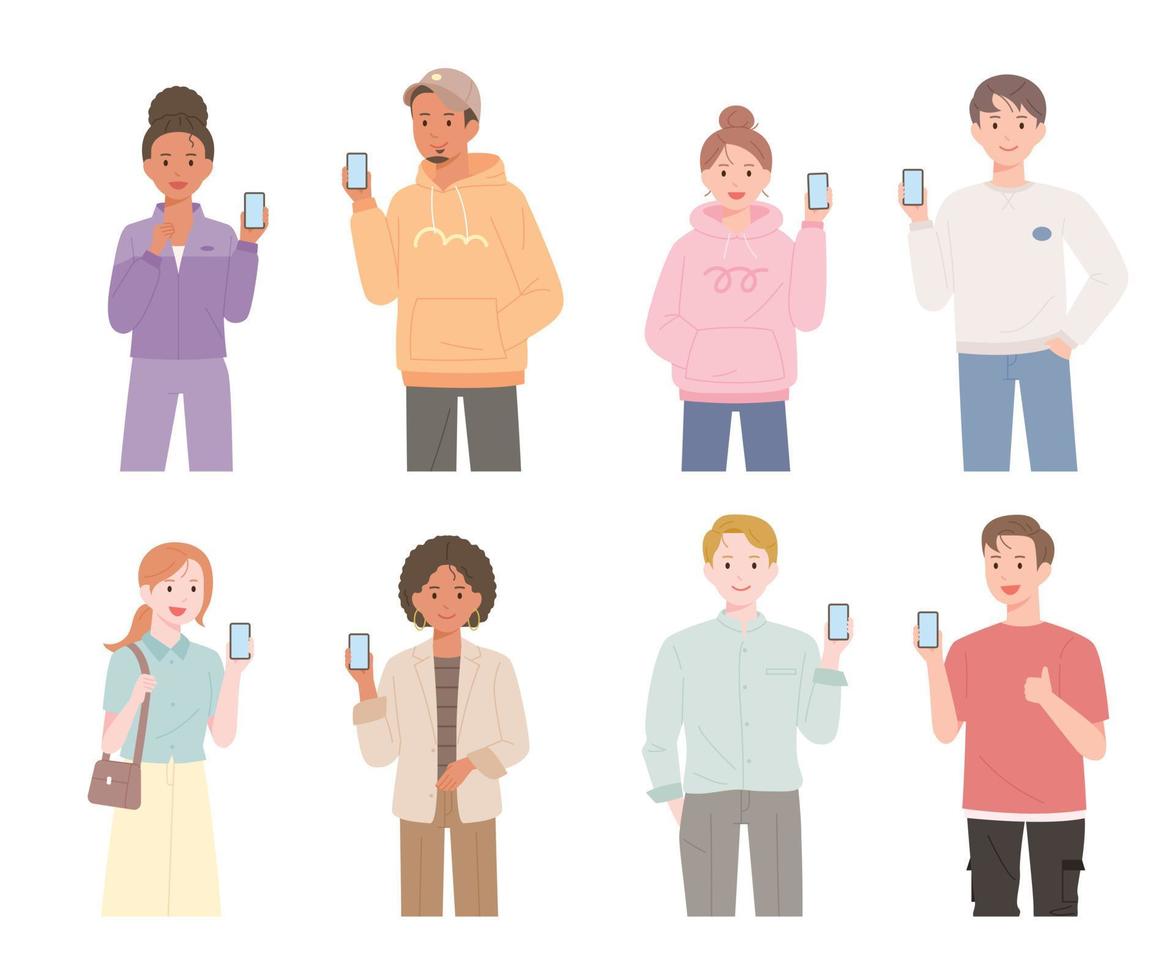 personas de diferentes modas y estilos están de pie y hablando con teléfonos móviles. vector