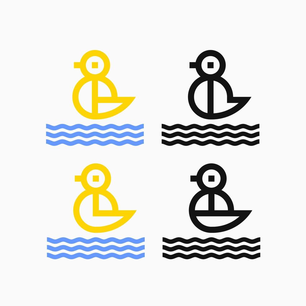 concepto de logotipo de pato y agua. monograma. icono de pato. contorno. amarillo, azul y negro vector