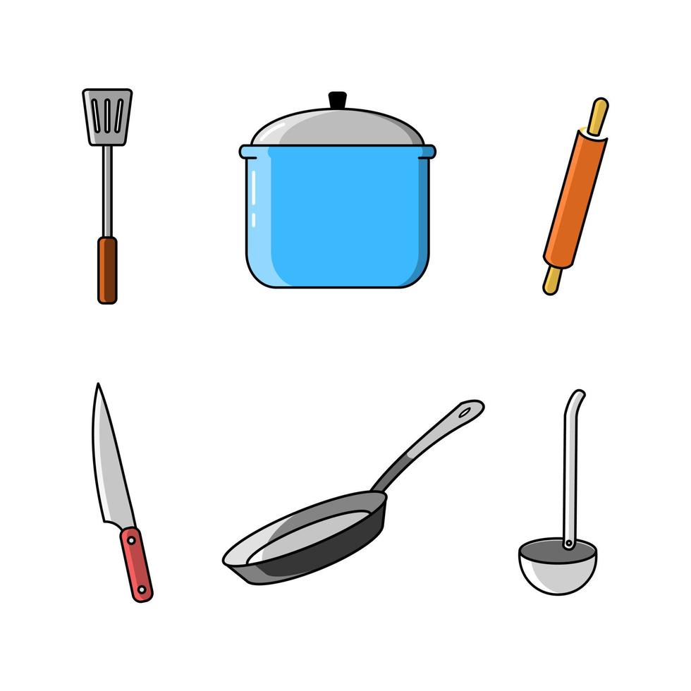 Color illustration of a collection of cooking utensils such as a spatula, pan, dough roller, knife, Teflon, and vegetable spoon vector