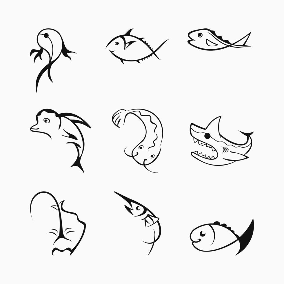 conjunto de iconos de línea de pescado. concepto de logotipo simple. tiburón, delfín, raya, atún, bagre, marlin. adecuado para logotipos, iconos y símbolos. como el logotipo del restaurante de mariscos, empresas pesqueras vector