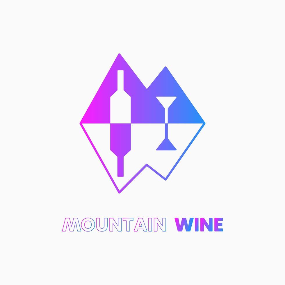 Mountain Wine Logo Concept. Bottle Wine, Glass and Mountain. Gradient, Flat, Simple and Line Logotype. Pink and blue. Suitable for Logo, Icon, Symbol and Sign. Such as Food and Drink Logo vector