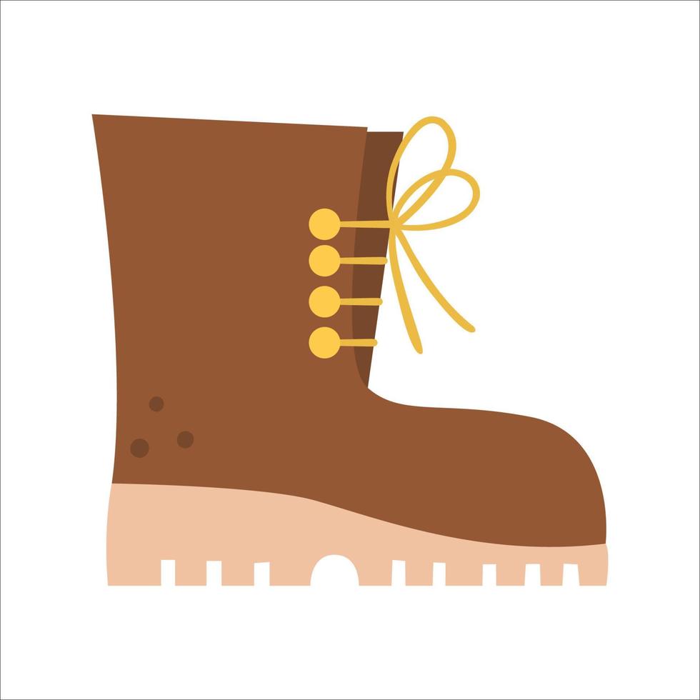 Vector tourist boot illustration. Brown hiking shoe icon with laces. Camping foot wear isolated on white background. Clothes for active outdoor holidays and tourism.