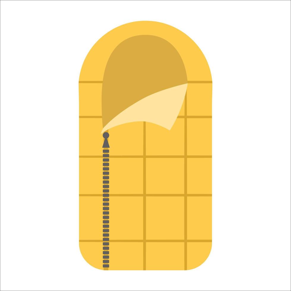 Vector yellow sleeping bag icon. Forest equipment for night sleep isolated on white background. Nature outdoor travel object. Flat camping illustration isolated on white background.
