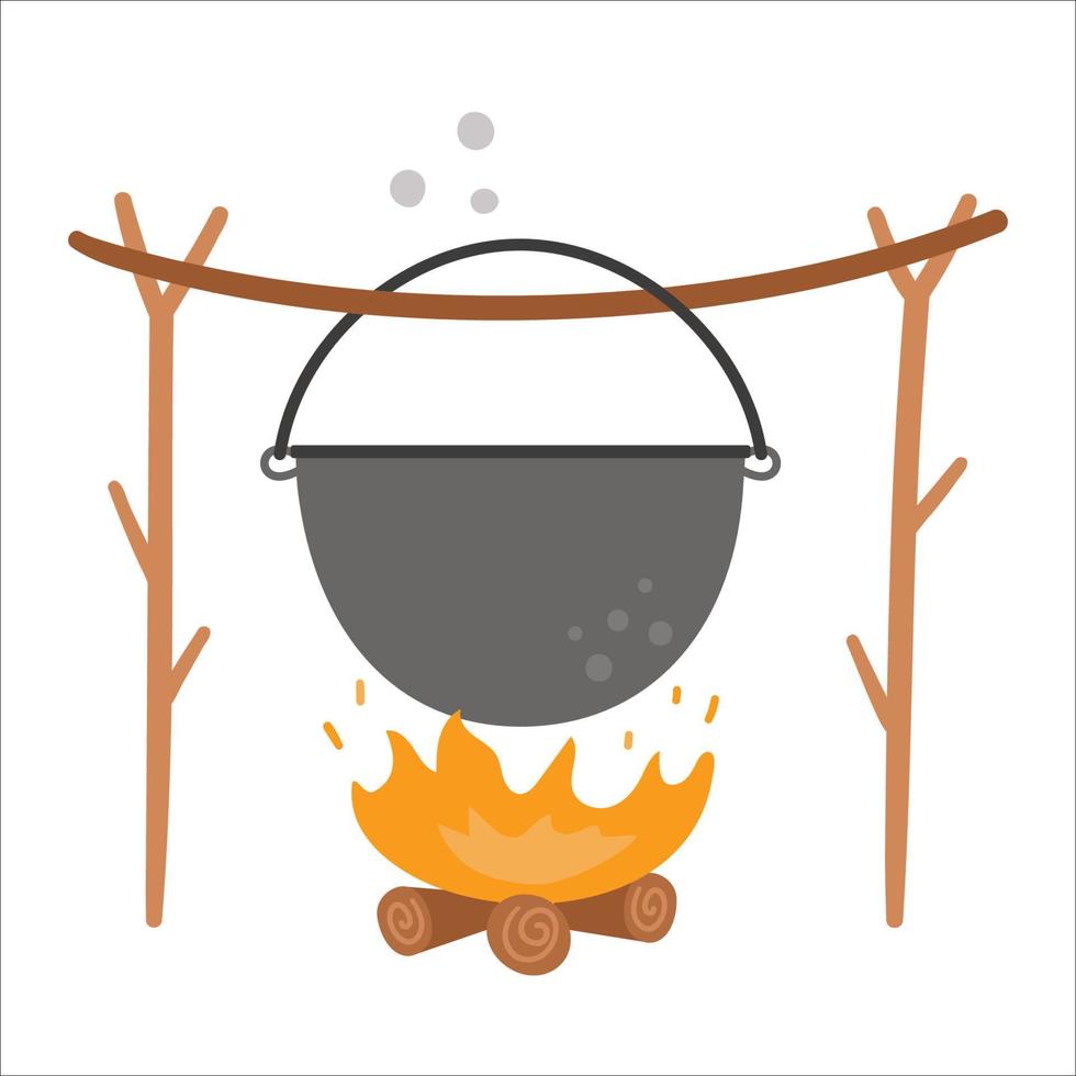 Vector boiler hanging on tree twigs above the fire. Campfire pot illustration isolated on white background. Autumn or Summer season bonfire icon.  Funny hearth symbol illustration.