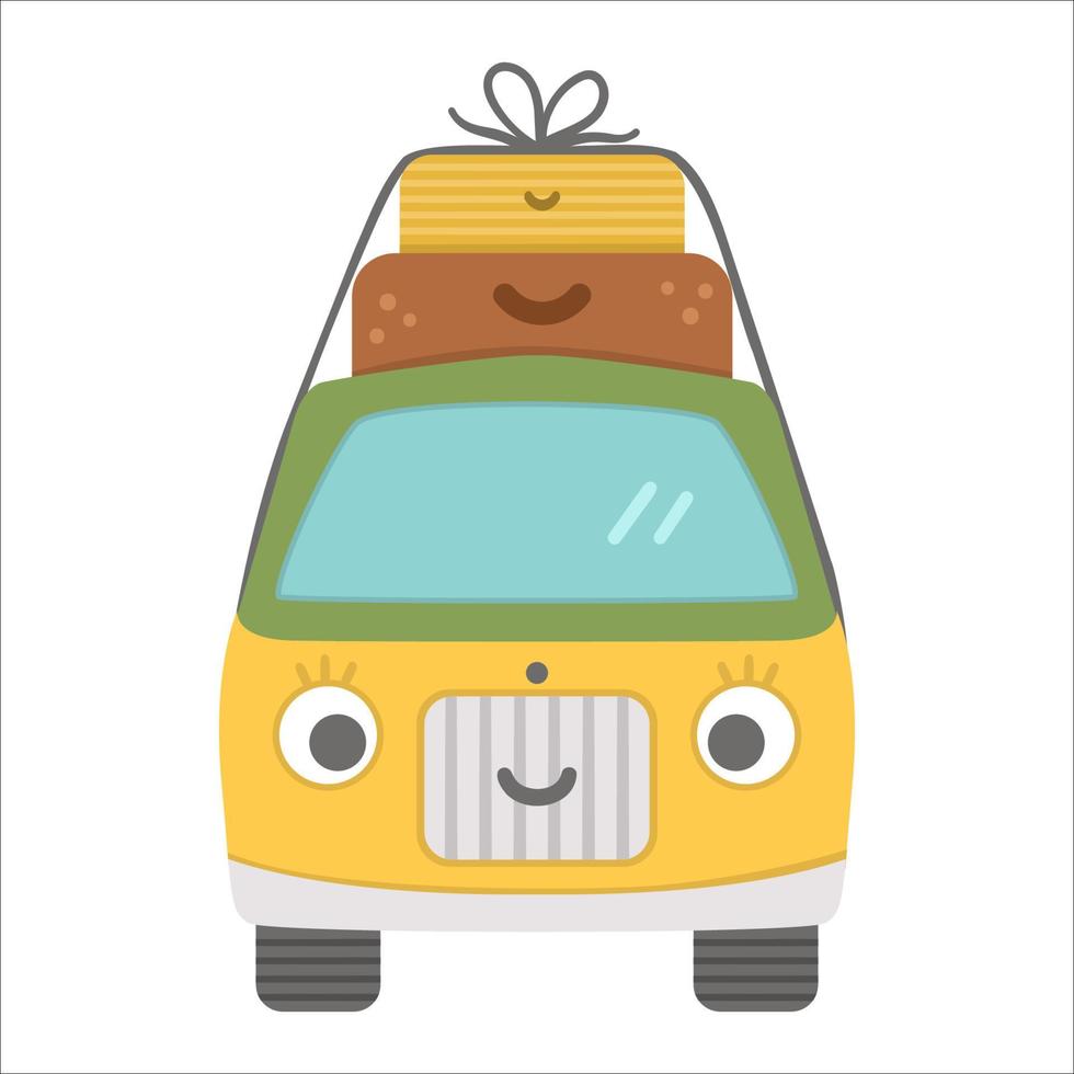 Vector tourist van with suitcases on top. Cute kawaii camper with eyes and mouth. Camping car illustration. Journey vehicle concept. Funny truck icon with bags