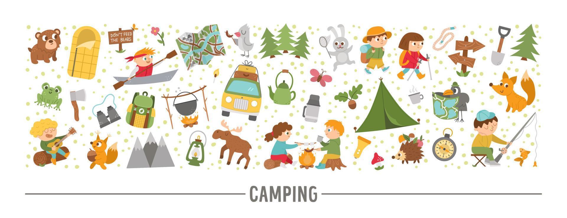 conjunto horizontal vectorial con lindos animales cómicos del bosque, elementos y niños haciendo actividades de campamento de verano. diseño de borde de plantilla de tarjeta con personajes del bosque y niños en vacaciones. vector