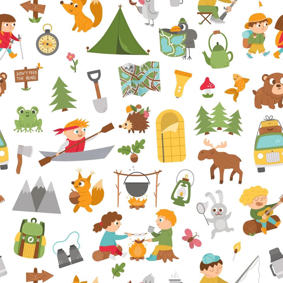 Vector summer camp seamless pattern. Camping, hiking, fishing equipment digital paper with cute kids and forest animals. Outdoor nature tourism repeat background with backpack, van, fire