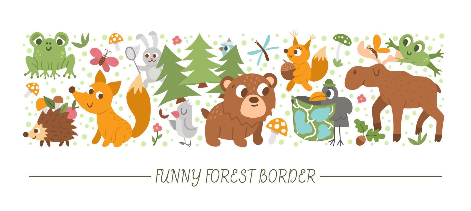 conjunto horizontal vectorial con lindos animales y elementos cómicos del bosque. diseño de plantilla de tarjeta con personajes del bosque, pájaros, insectos. campamento de verano divertido, viaje de naturaleza activa o frontera de turismo local. vector