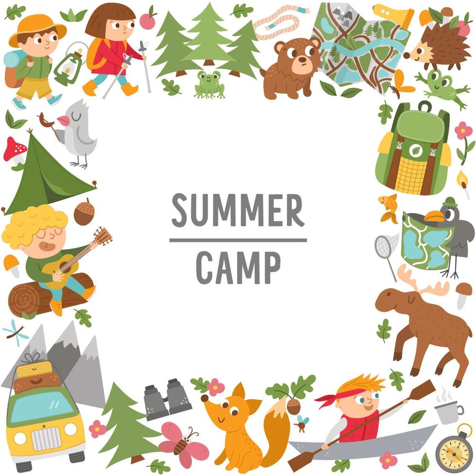 marco cuadrado vectorial o borde con lindos animales cómicos del bosque, elementos y niños haciendo actividades de campamento de verano. diseño de plantilla de tarjeta con niños de vacaciones para pancartas, carteles, invitaciones. vector