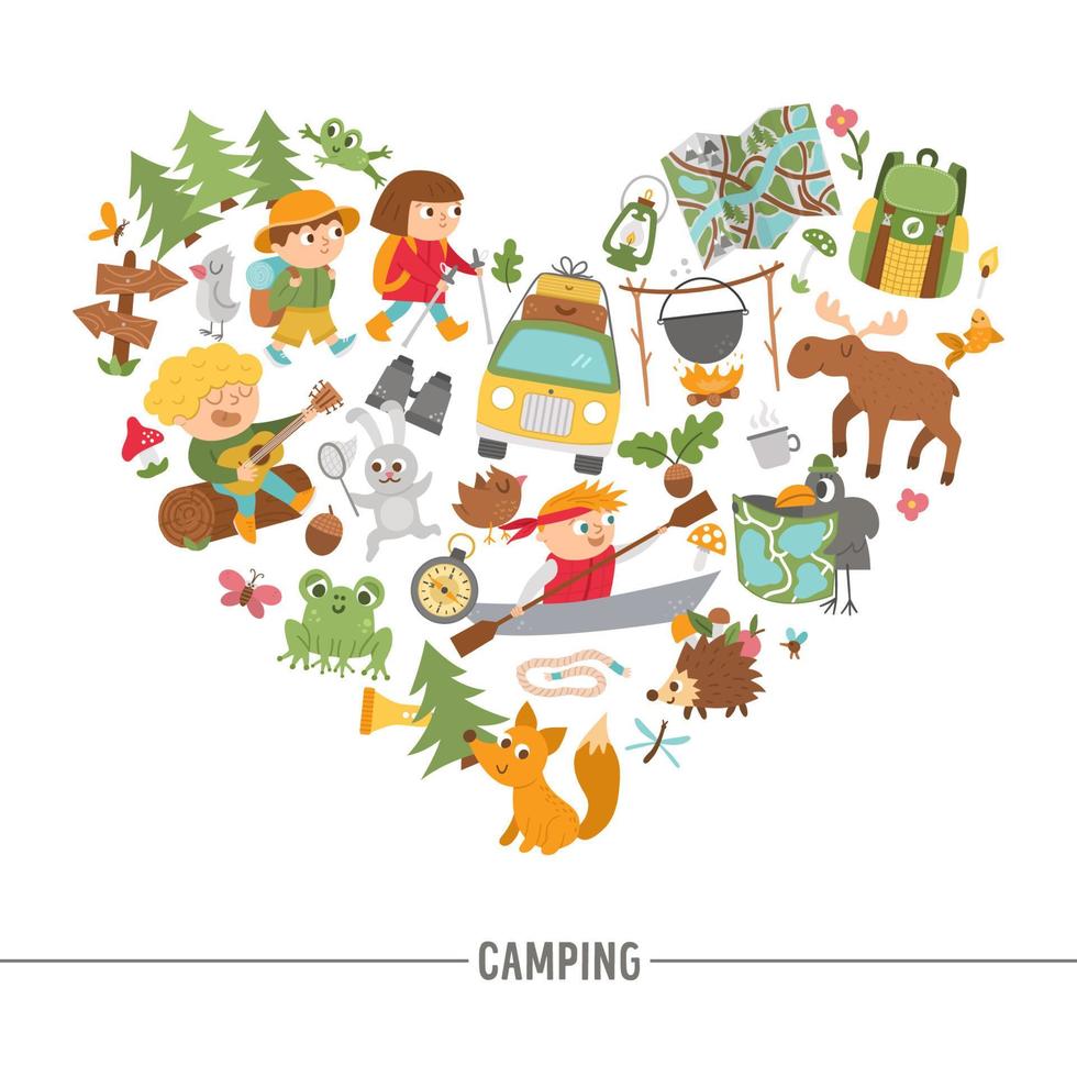 Vector heart shaped frame with cute comic forest animals, elements and children doing summer camp activities. Card template design with kids on holidays for banners, posters, invitations.