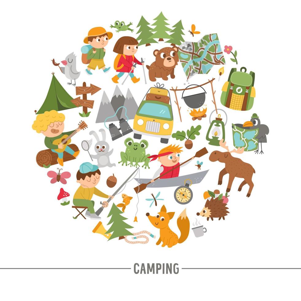 Vector round frame with cute comic forest animals, elements and children doing summer camp activities. Card template design with kids on holidays for banners, posters, invitations.