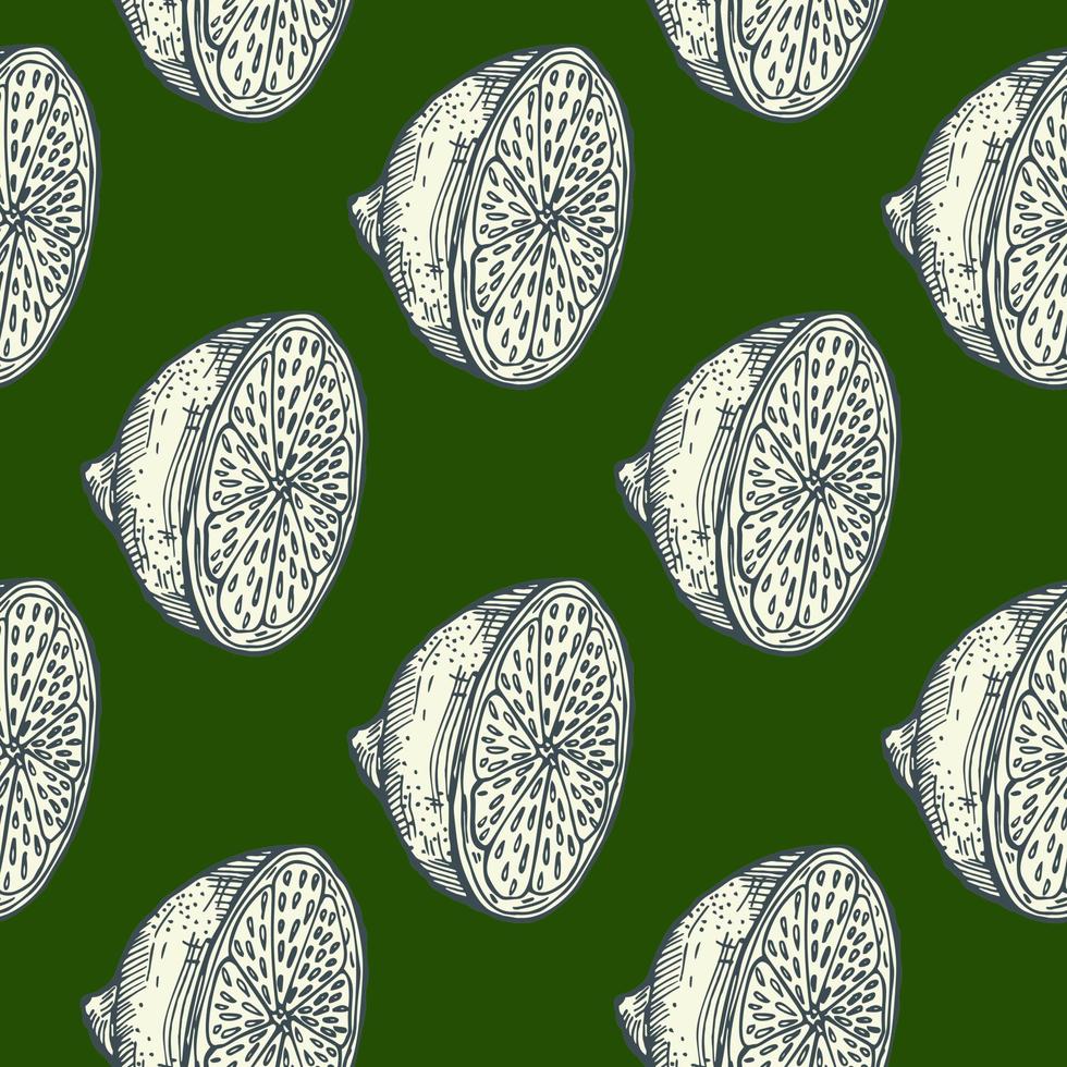 Seamless pattern lemon half engraving. Vintage background of citrus fruits in hand drawn style. vector