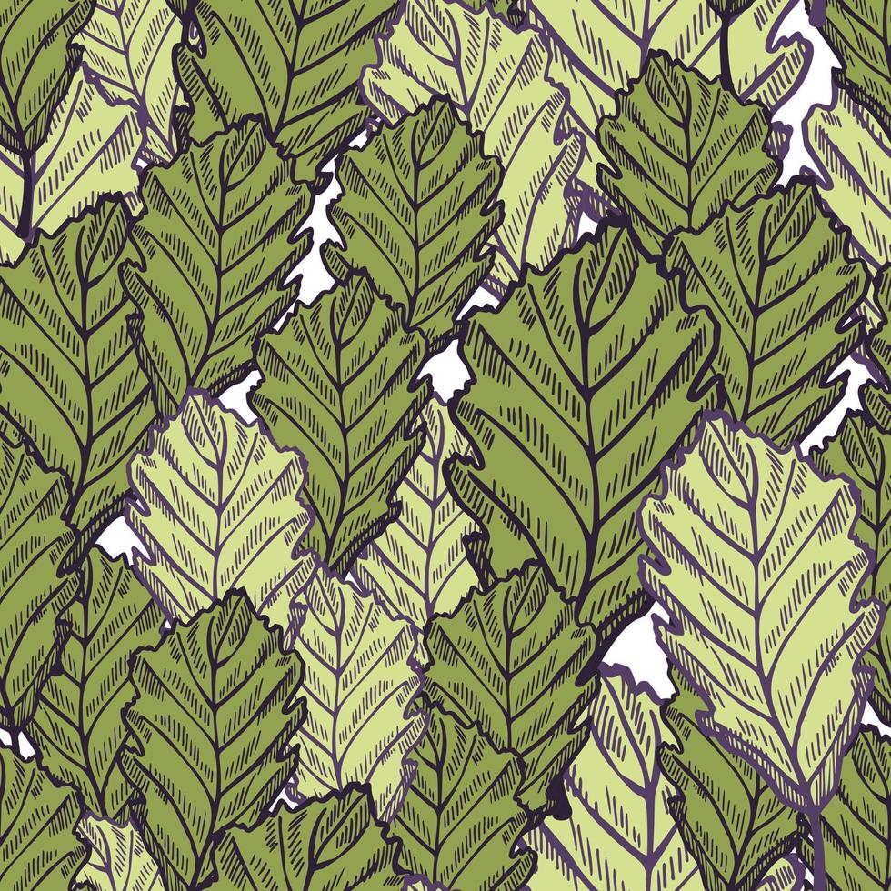 Leaves oak engraved seamless pattern. Vintage background botanical with forest foliage in hand drawn style. vector