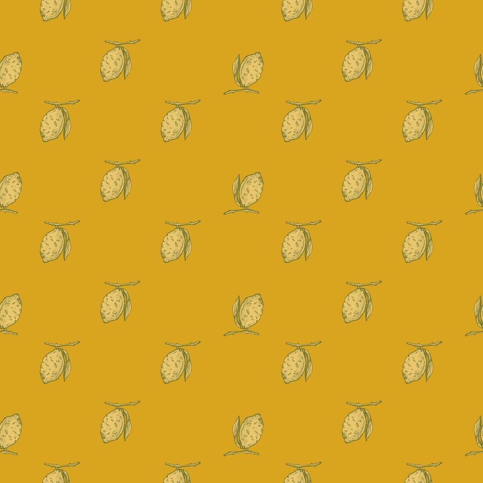 Seamless pattern lemon on branch with leaves engraving. Vintage background of citrus fruits in hand drawn style. vector