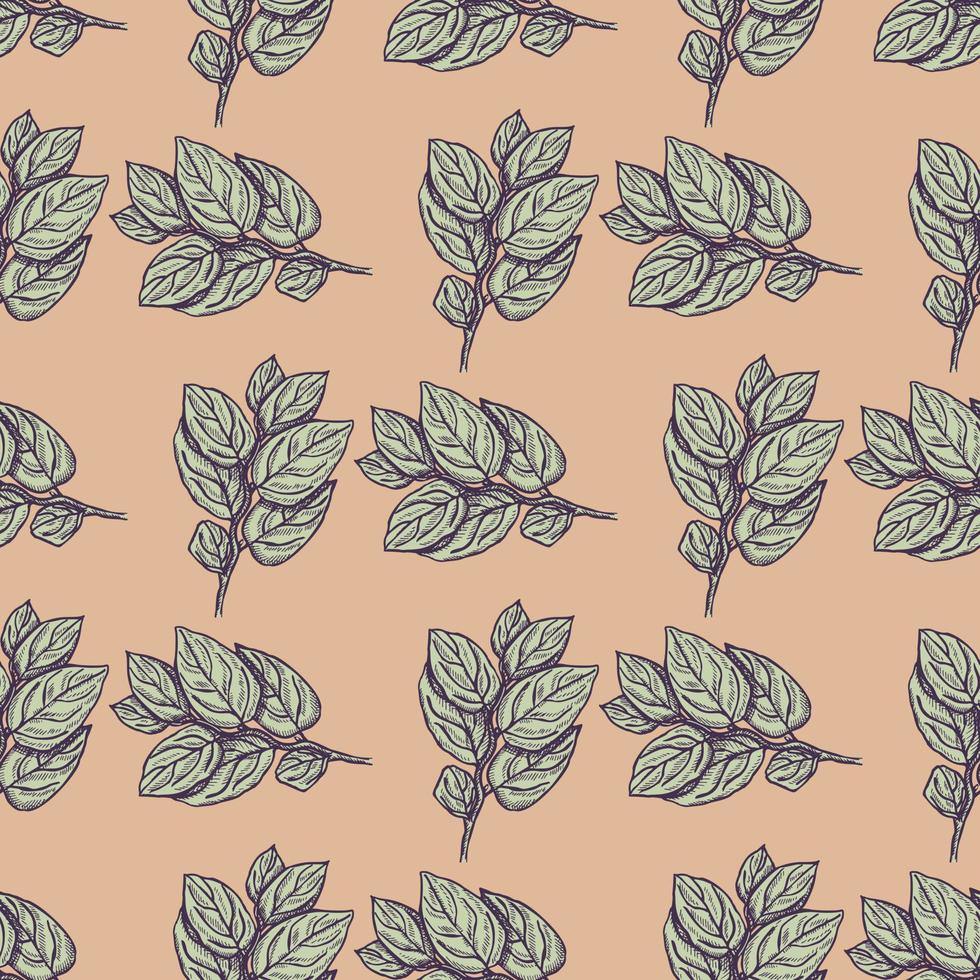 Seamless pattern engraved tree branches. Vintage background summer twigs in hand drawn style. vector