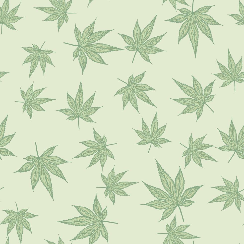 Leaves maple canadian engraved seamless pattern. Vintage background botanical leaf cannabis in hand drawn style. vector