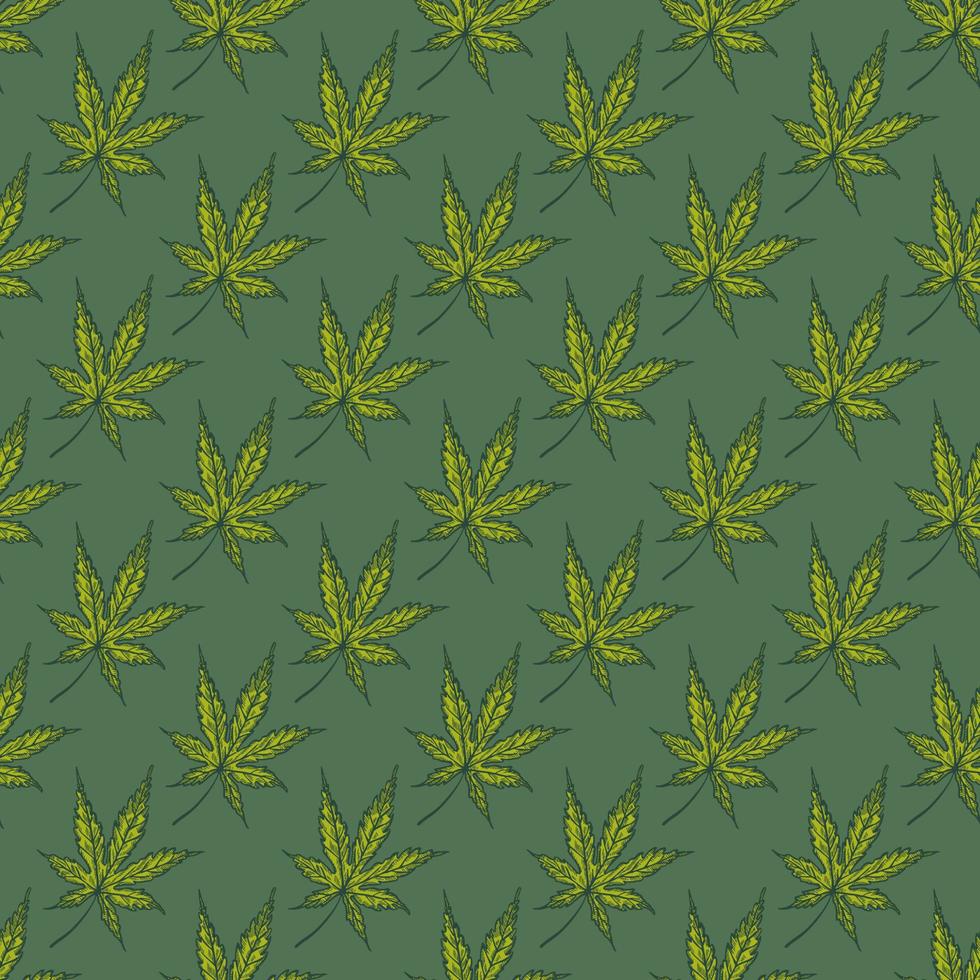 Leaves cannabis engraved seamless pattern. Retro background botanical with leaf marijuana in hand drawn style. vector