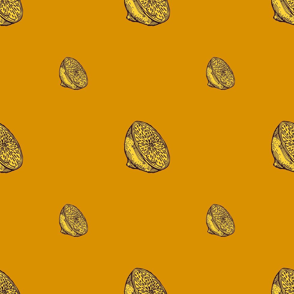 Seamless pattern lemon half engraving. Vintage background of citrus fruits in hand drawn style. vector