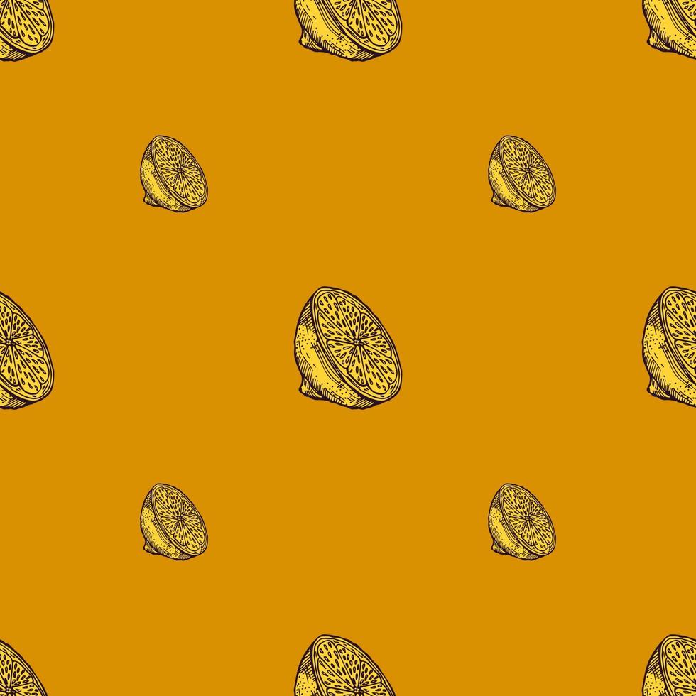 Seamless pattern lemon half engraving. Vintage background of citrus fruits in hand drawn style. vector