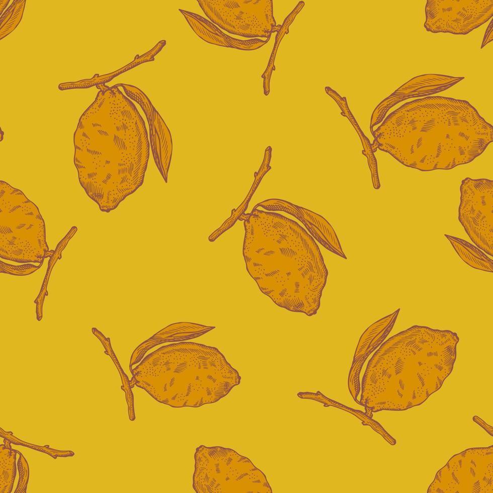 Seamless pattern lemon on branch with leaves engraving. Vintage background of citrus fruits in hand drawn style. vector