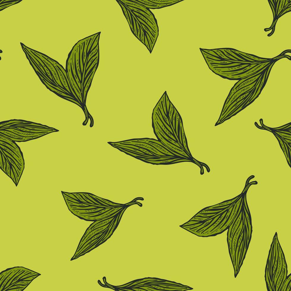 Seamless pattern engraved leaves. Vintage background of tea leaf in hand drawn style. vector