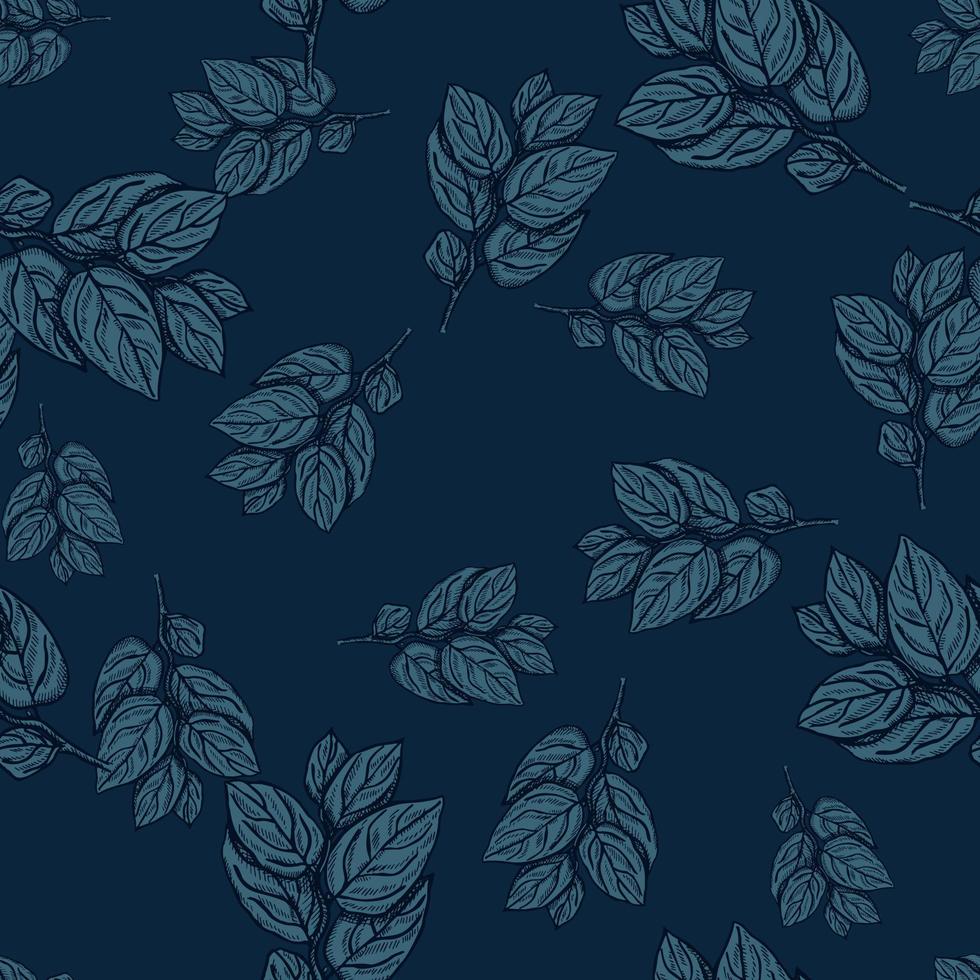 Seamless pattern engraved tree branches. Vintage background summer twigs in hand drawn style. vector