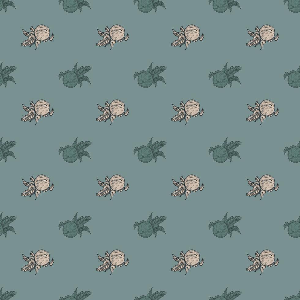 Seamless pattern engraved lemon on twig with leaves. Vintage background citrus fruit on branch in hand drawn style. vector