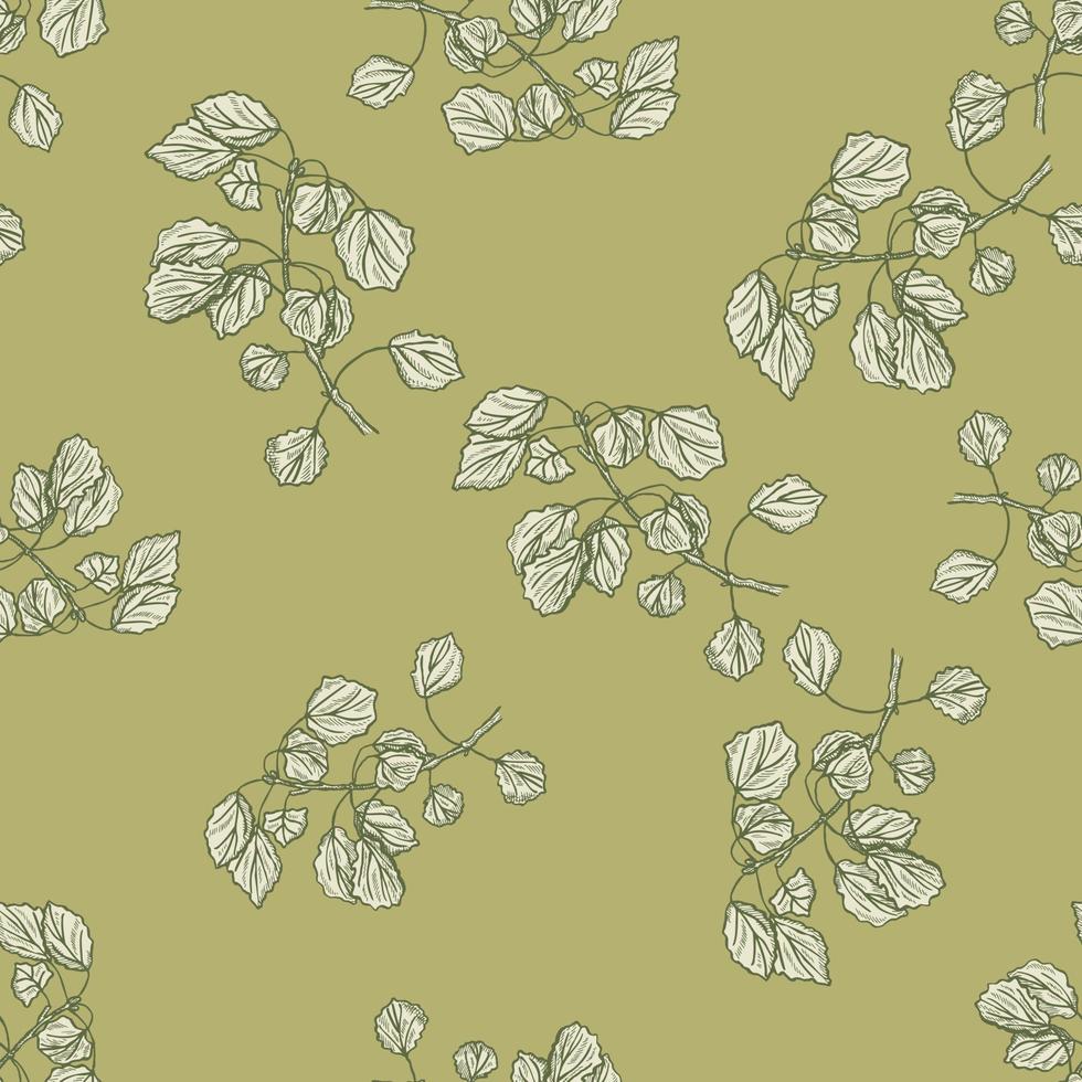 Seamless pattern engraved tree branches. Vintage background summer twigs in hand drawn style. vector