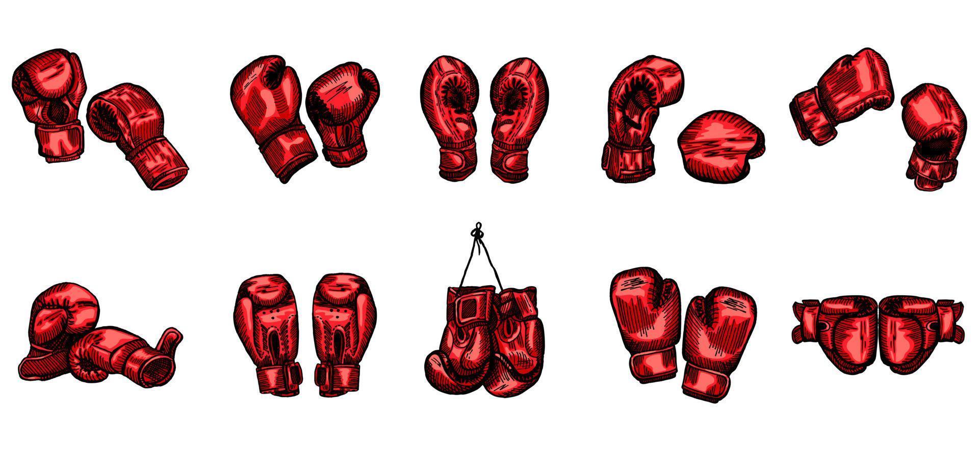 Set red boxing gloves sketch in isolated white background. Vintage sporting equipment for kickboxing in engraved style. vector