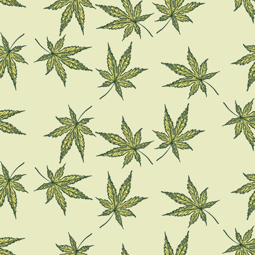 Leaves cannabis engraved seamless pattern. Retro background botanical with leaf marijuana in hand drawn style. vector