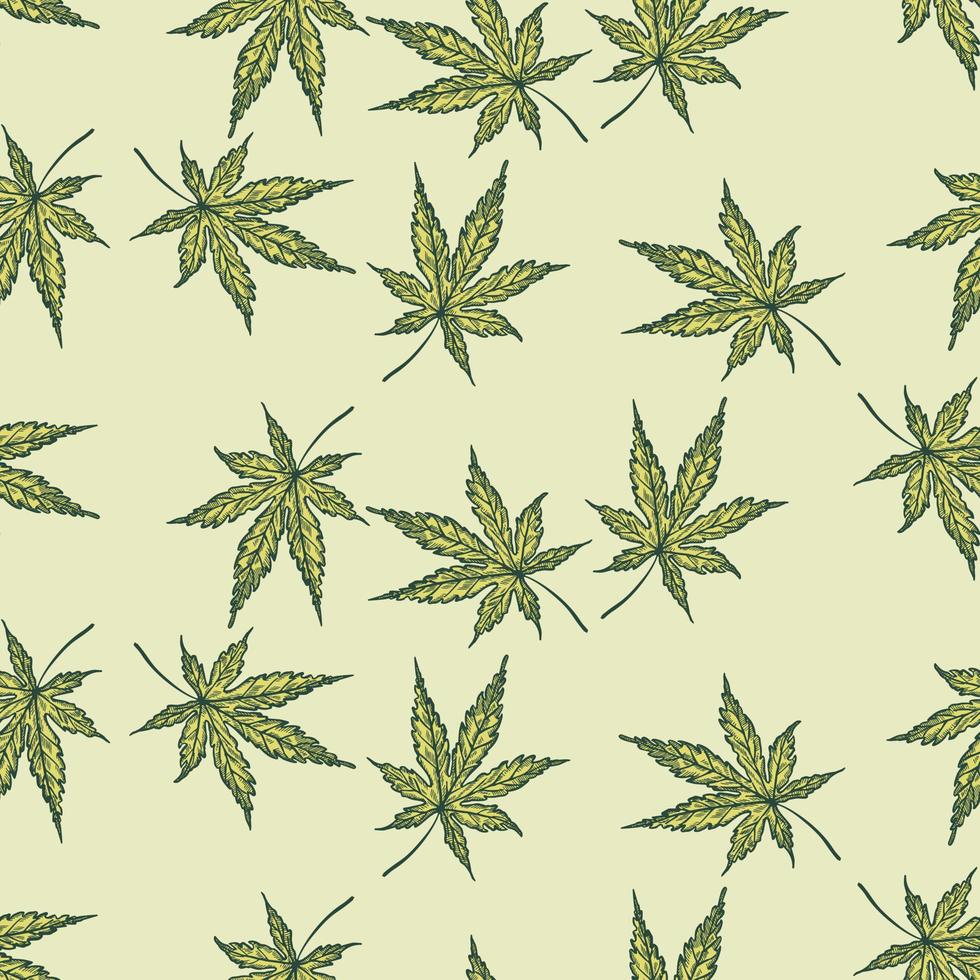 hojas de cannabis grabadas de patrones sin fisuras. fondo retro botánico con hoja de marihuana en estilo dibujado a mano. vector