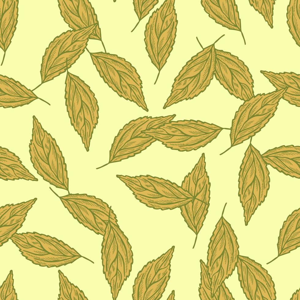 Seamless pattern engraved tree leaves. Vintage background botanical with foliage in hand drawn style. vector