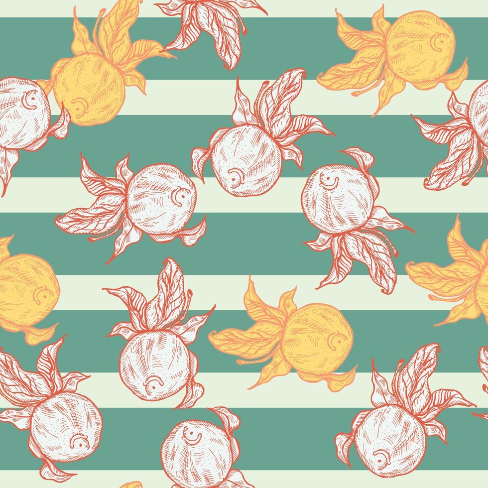 Seamless pattern engraved lemon on twig with leaves. Vintage background citrus fruit on branch in hand drawn style. vector